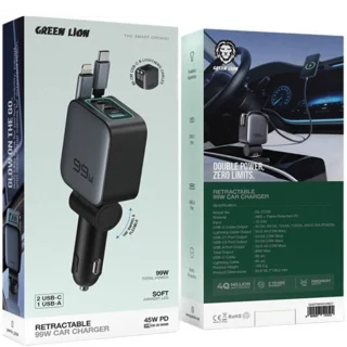 شارژر فندکی 99 وات با کابل جمع شونده گرین لاین Green Lion Retractable 99W Car Charger
